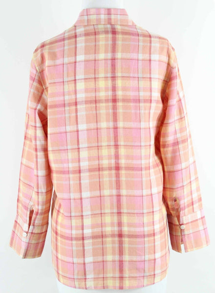 Charter Club Sz 8 Pink Orange Multi Plaid Button Up 100% Linen Shirt