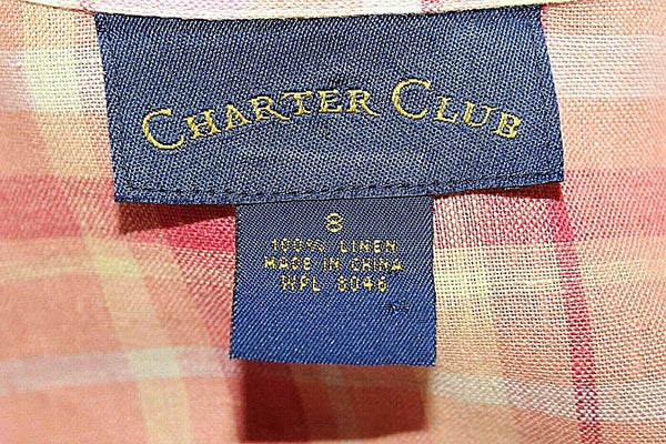Charter Club Sz 8 Pink Orange Multi Plaid Button Up 100% Linen Shirt