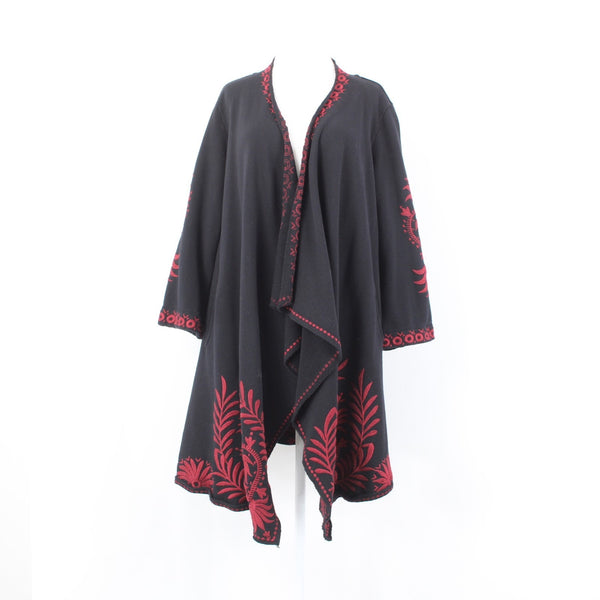 Johnny Was Jacket Sz L Black Cotton Red Poly Embroidered 3/4 Sleeve Wrap Jacket