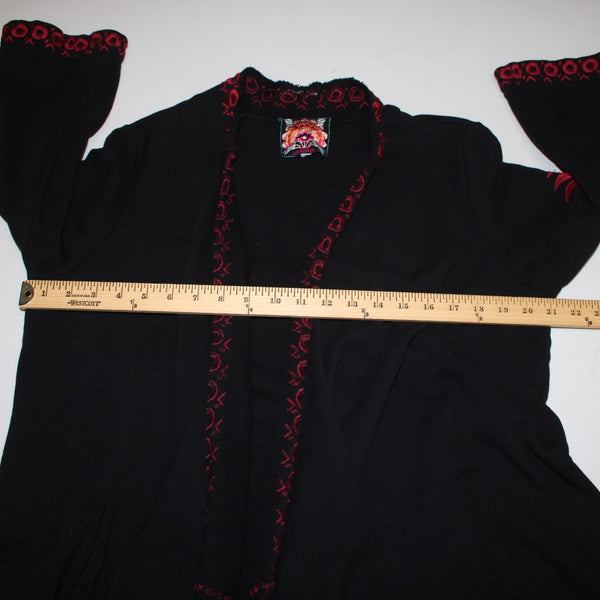 Johnny Was Jacket Sz L Black Cotton Red Poly Embroidered 3/4 Sleeve Wrap Jacket