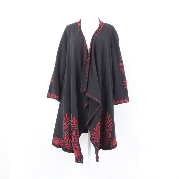 Johnny Was Jacket Sz L Black Cotton Red Poly Embroidered 3/4 Sleeve Wrap Jacket