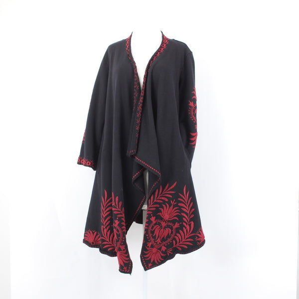 Johnny Was Jacket Sz L Black Cotton Red Poly Embroidered 3/4 Sleeve Wrap Jacket