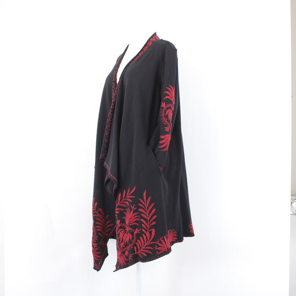 Johnny Was Jacket Sz L Black Cotton Red Poly Embroidered 3/4 Sleeve Wrap Jacket