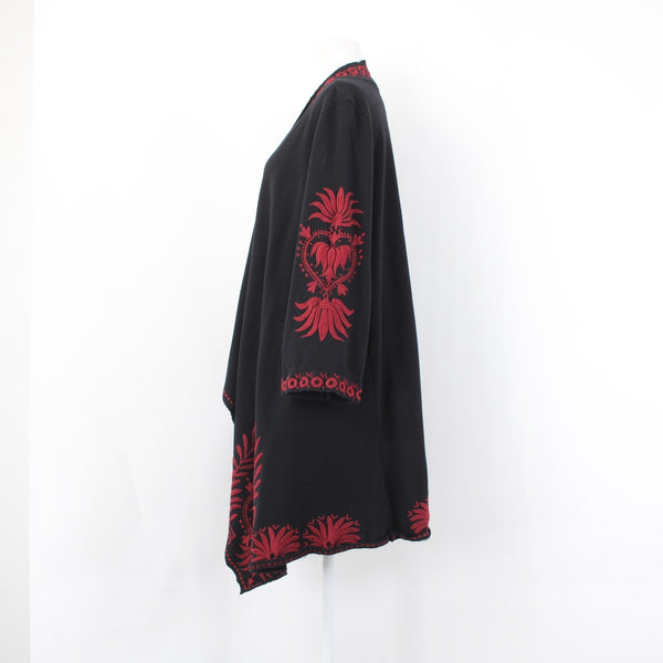 Johnny Was Jacket Sz L Black Cotton Red Poly Embroidered 3/4 Sleeve Wrap Jacket