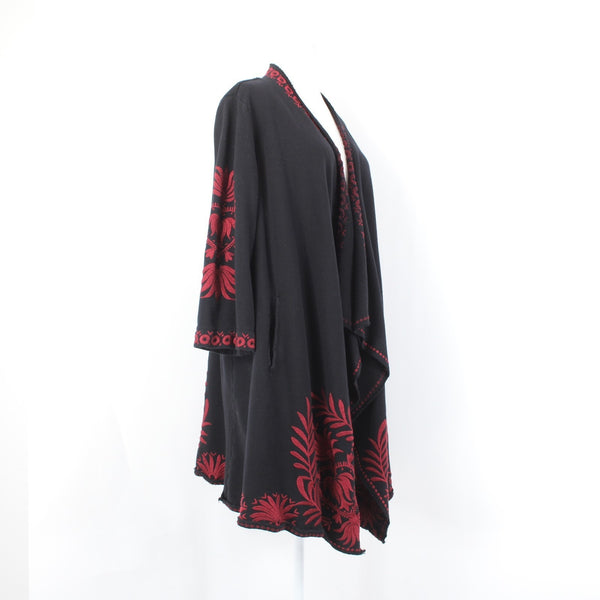 Johnny Was Jacket Sz L Black Cotton Red Poly Embroidered 3/4 Sleeve Wrap Jacket