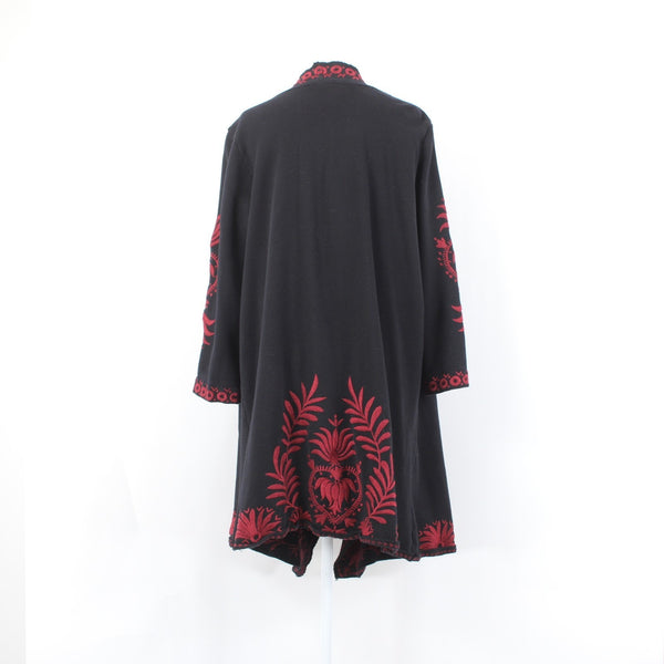 Johnny Was Jacket Sz L Black Cotton Red Poly Embroidered 3/4 Sleeve Wrap Jacket