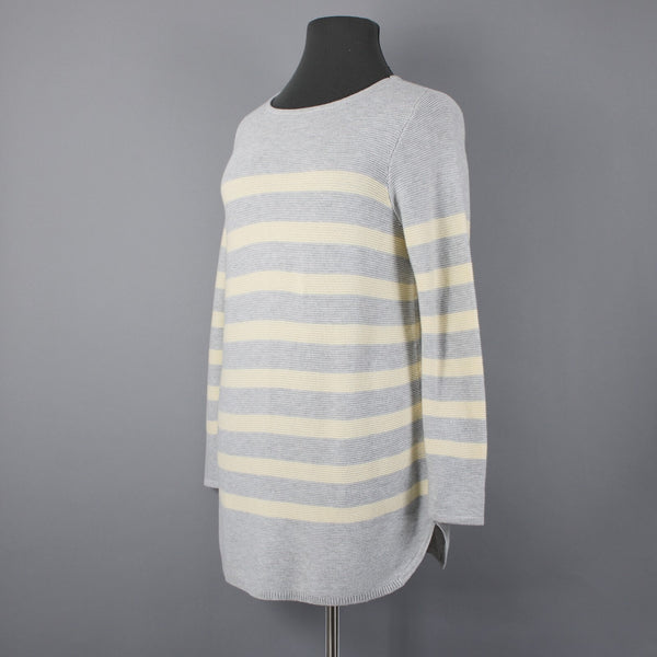 J Jill Sz XL Lt Gray Yellow Striped Cotton Nvylon Rayon Pullover Tunic Sweater