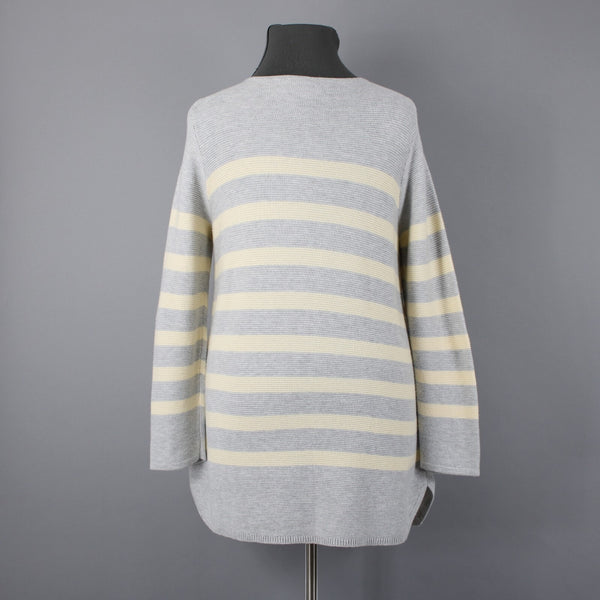 J Jill Sz XL Lt Gray Yellow Striped Cotton Nvylon Rayon Pullover Tunic Sweater