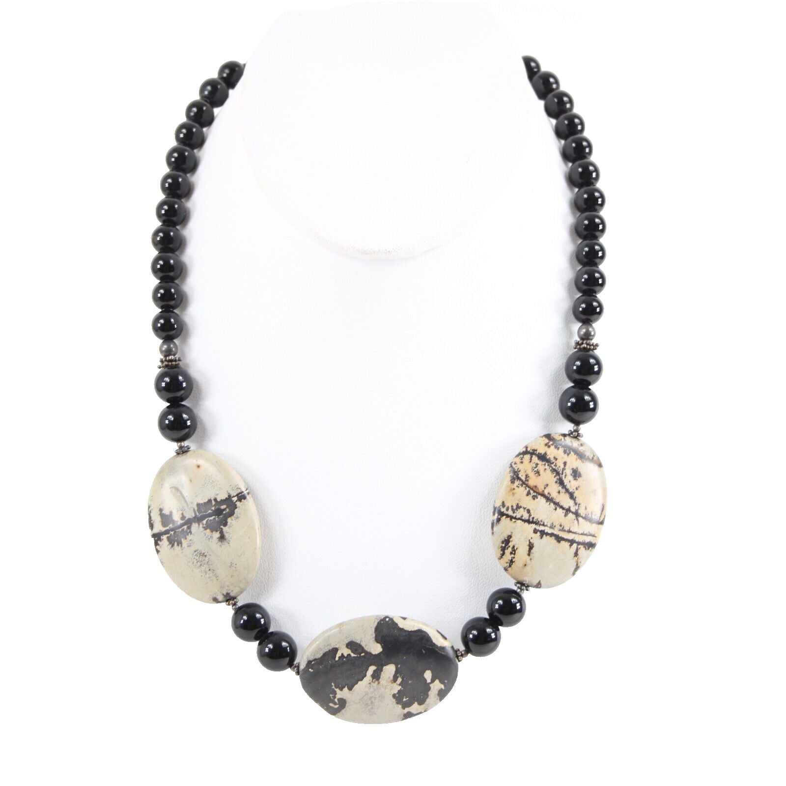 Black Snowflake Pattern Agate Stone Beaded 17" Ext. 3" Necklace