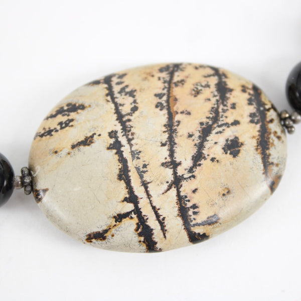 Black Snowflake Pattern Agate Stone Beaded 17" Ext. 3" Necklace