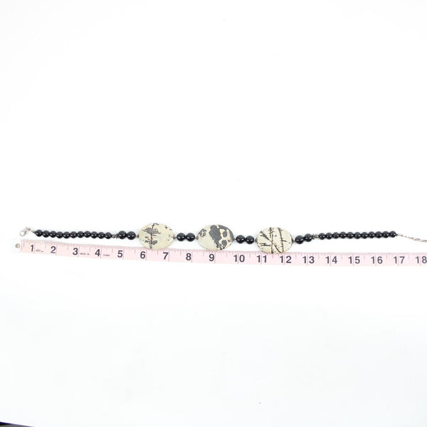 Black Snowflake Pattern Agate Stone Beaded 17" Ext. 3" Necklace