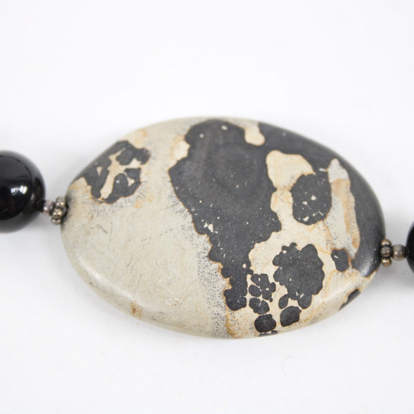 Black Snowflake Pattern Agate Stone Beaded 17" Ext. 3" Necklace