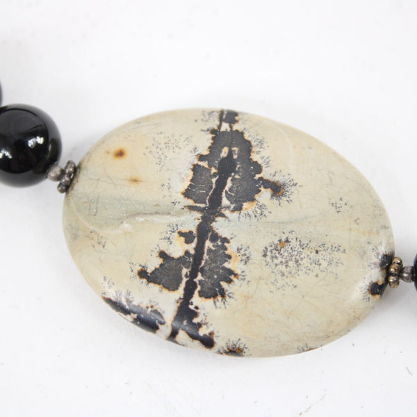 Black Snowflake Pattern Agate Stone Beaded 17" Ext. 3" Necklace