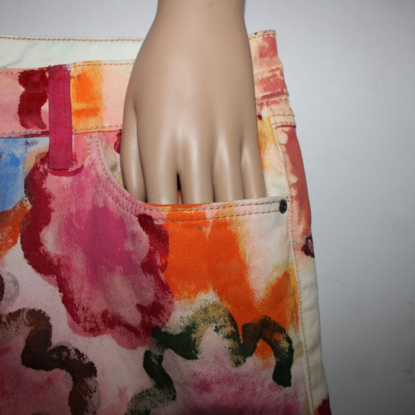 Anthropologie Sz 29 Pink Multi Color Hand Painted Denim Cotton Spandex Skirt