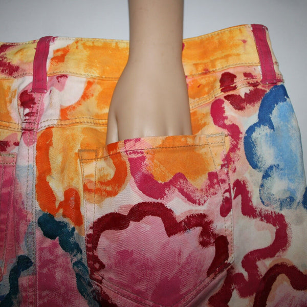 Anthropologie Sz 29 Pink Multi Color Hand Painted Denim Cotton Spandex Skirt