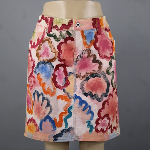 Anthropologie Sz 29 Pink Multi Color Hand Painted Denim Cotton Spandex Skirt
