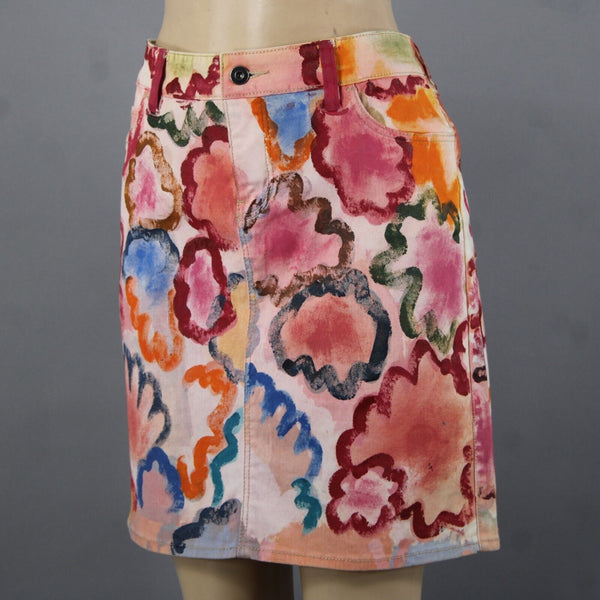 Anthropologie Sz 29 Pink Multi Color Hand Painted Denim Cotton Spandex Skirt