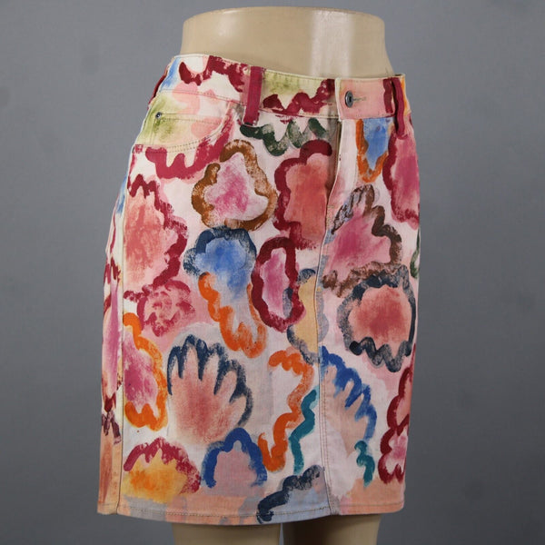 Anthropologie Sz 29 Pink Multi Color Hand Painted Denim Cotton Spandex Skirt