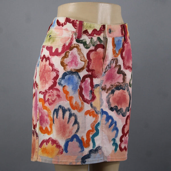 Anthropologie Sz 29 Pink Multi Color Hand Painted Denim Cotton Spandex Skirt