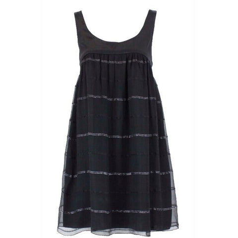 Helen Wang Sz 6 Black Silver Accent Striped Silk Sheer Overlay Silk Dress
