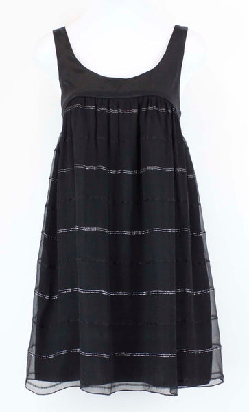 Helen Wang Sz 6 Black Silver Accent Striped Silk Sheer Overlay Silk Dress