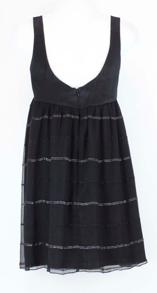 Helen Wang Sz 6 Black Silver Accent Striped Silk Sheer Overlay Silk Dress