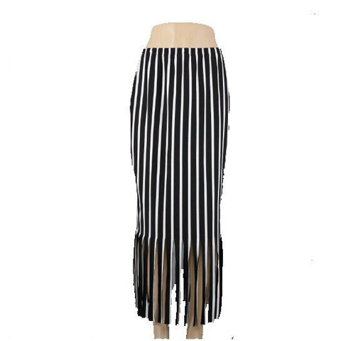 Yon Design Moss Crepe Sz M Black White Striped Fringe Polyester Spandex Skirt
