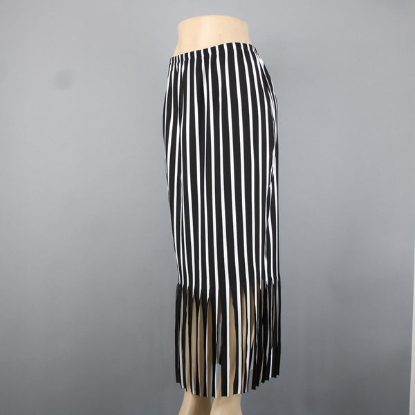Yon Design Moss Crepe Sz M Black White Striped Fringe Polyester Spandex Skirt