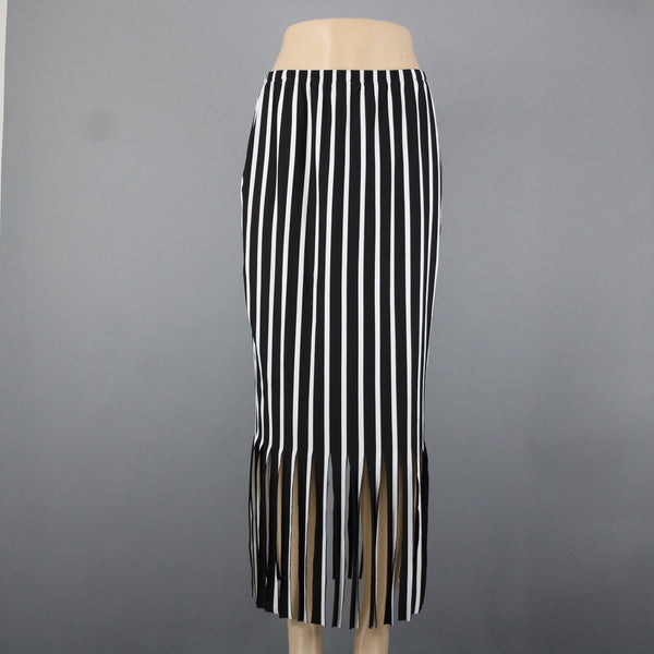 Yon Design Moss Crepe Sz M Black White Striped Fringe Polyester Spandex Skirt