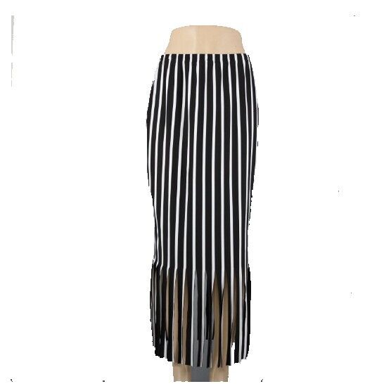 Yon Design Moss Crepe Sz M Black White Striped Fringe Polyester Spandex Skirt