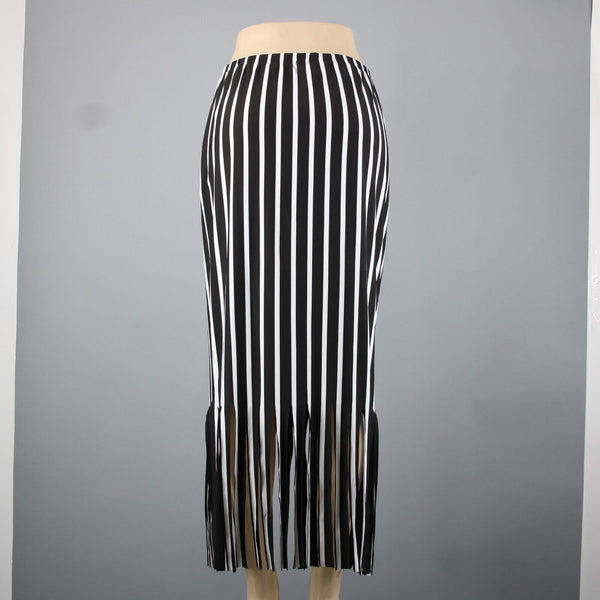 Yon Design Moss Crepe Sz M Black White Striped Fringe Polyester Spandex Skirt
