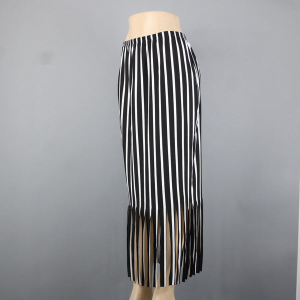Yon Design Moss Crepe Sz M Black White Striped Fringe Polyester Spandex Skirt