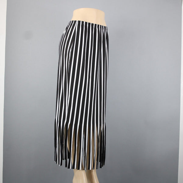 Yon Design Moss Crepe Sz M Black White Striped Fringe Polyester Spandex Skirt