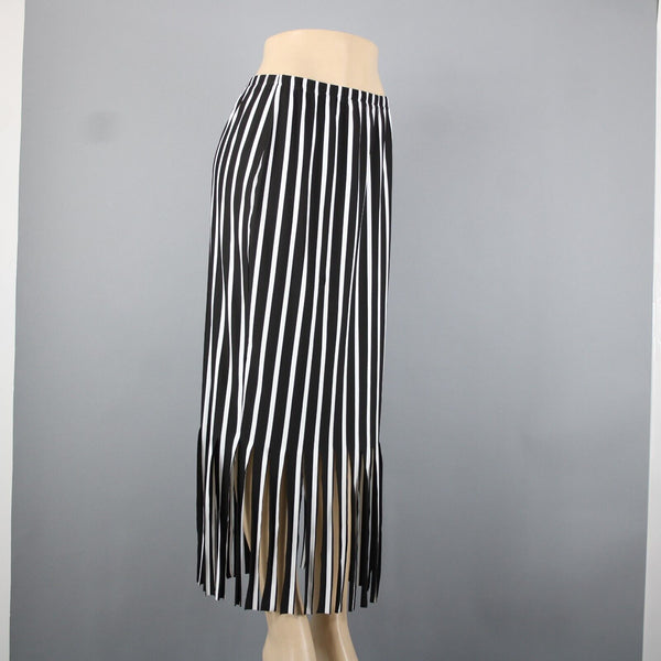 Yon Design Moss Crepe Sz M Black White Striped Fringe Polyester Spandex Skirt