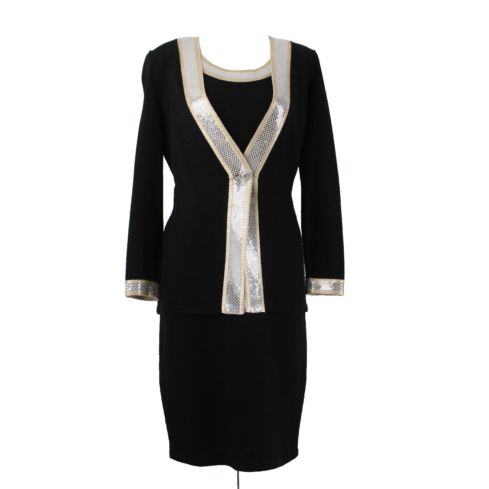 Toula Dress Suit Sz 8 Black Gold Paillettes Santana Knit Sleeveless Dress Suit