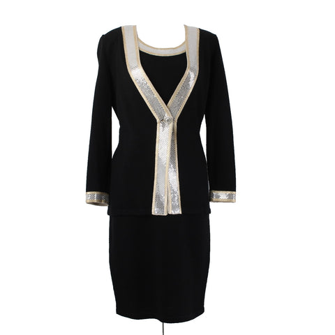 Toula Dress Suit Sz 8 Black Gold Paillettes Santana Knit Sleeveless Dress Suit