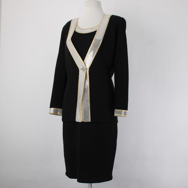 Toula Dress Suit Sz 8 Black Gold Paillettes Santana Knit Sleeveless Dress Suit