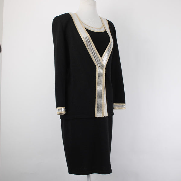 Toula Dress Suit Sz 8 Black Gold Paillettes Santana Knit Sleeveless Dress Suit