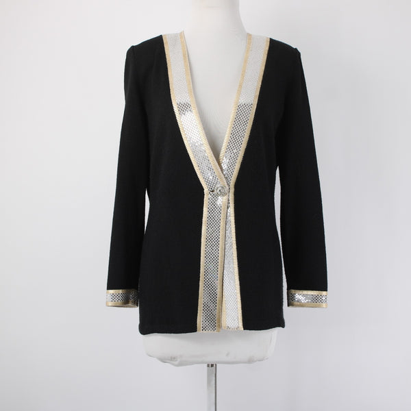 Toula Dress Suit Sz 8 Black Gold Paillettes Santana Knit Sleeveless Dress Suit