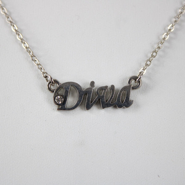 DIVA Name Silvertone Rhinestone 14.5" w 4.5" Multi Ring Ext Necklace
