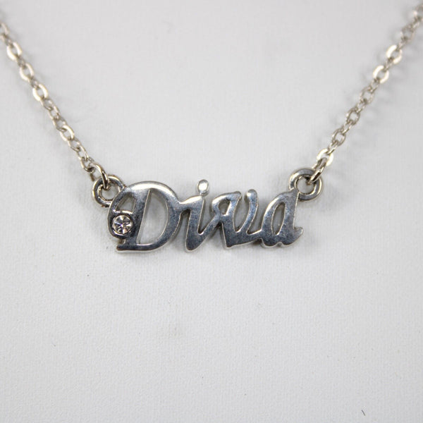 DIVA Name Silvertone Rhinestone 14.5" w 4.5" Multi Ring Ext Necklace