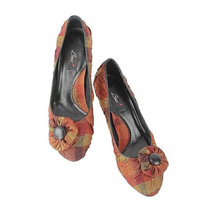 Baci Sz 8.5 Orange Gold Multi Stripe Fabric Upper Rosette Toe 3.25" Heels