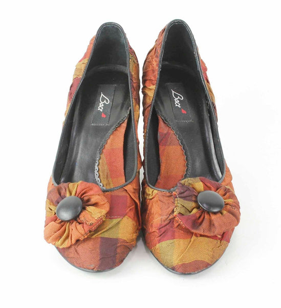 Baci Sz 8.5 Orange Gold Multi Stripe Fabric Upper Rosette Toe 3.25" Heels