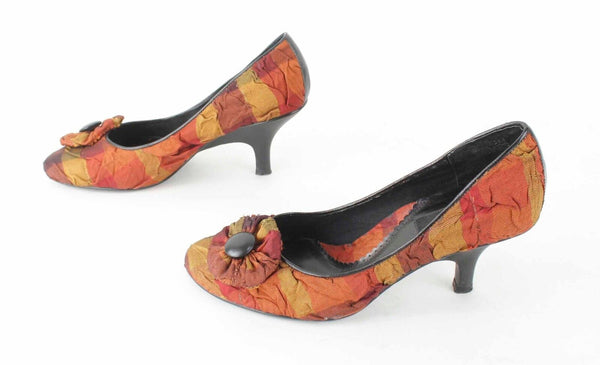 Baci Sz 8.5 Orange Gold Multi Stripe Fabric Upper Rosette Toe 3.25" Heels