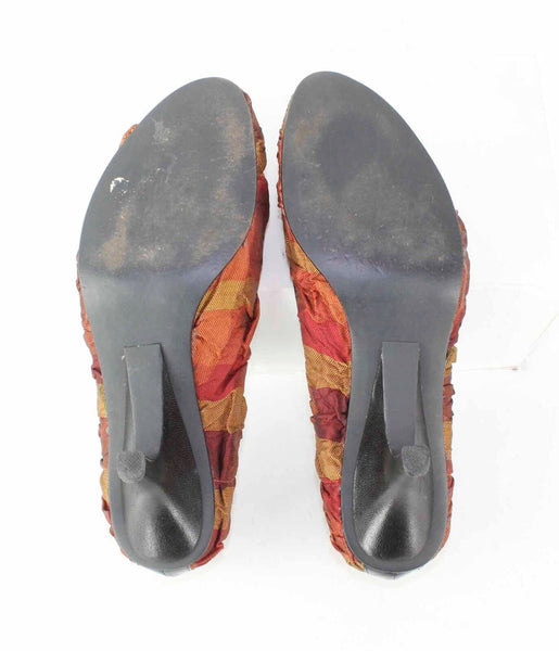 Baci Sz 8.5 Orange Gold Multi Stripe Fabric Upper Rosette Toe 3.25" Heels