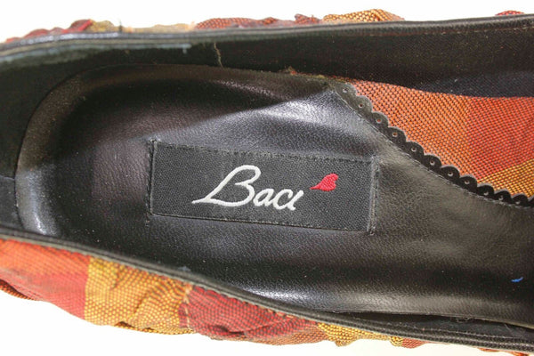 Baci Sz 8.5 Orange Gold Multi Stripe Fabric Upper Rosette Toe 3.25" Heels
