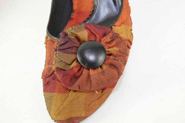 Baci Sz 8.5 Orange Gold Multi Stripe Fabric Upper Rosette Toe 3.25" Heels