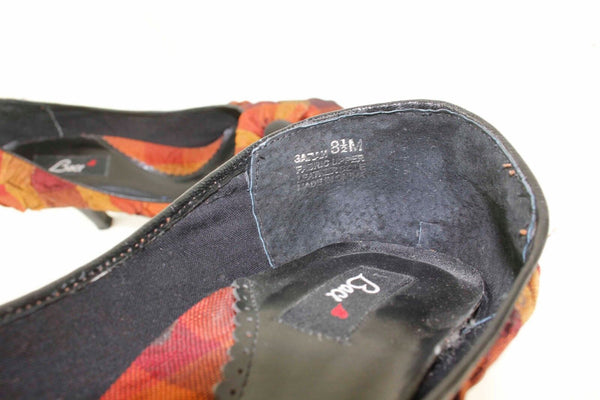 Baci Sz 8.5 Orange Gold Multi Stripe Fabric Upper Rosette Toe 3.25" Heels