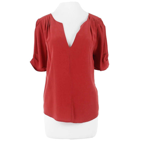 Josie Sz L Rust Gathered Back Accents Round Hem Pullover Woven Silk Top