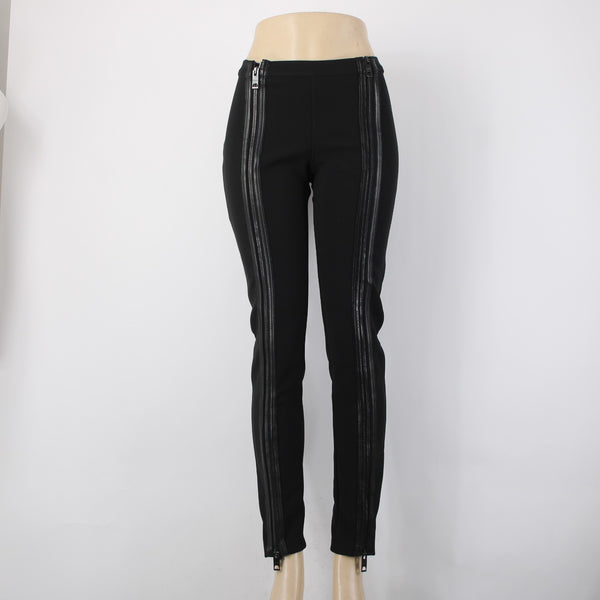 Burberry Pant Sz 42 x 30 Black Leather Zipper Detail Acetate Polyester Pant